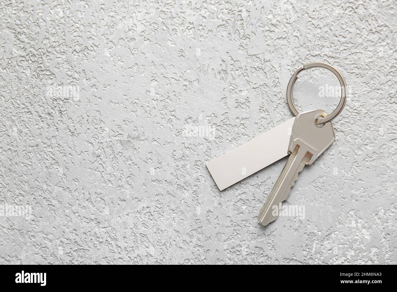 Key with metallic keychain on light background Stock Photo