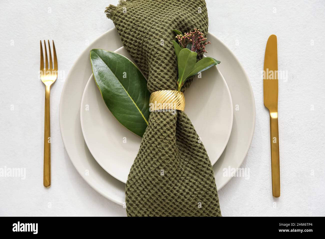 Stylish simple table setting on white background Stock Photo Alamy