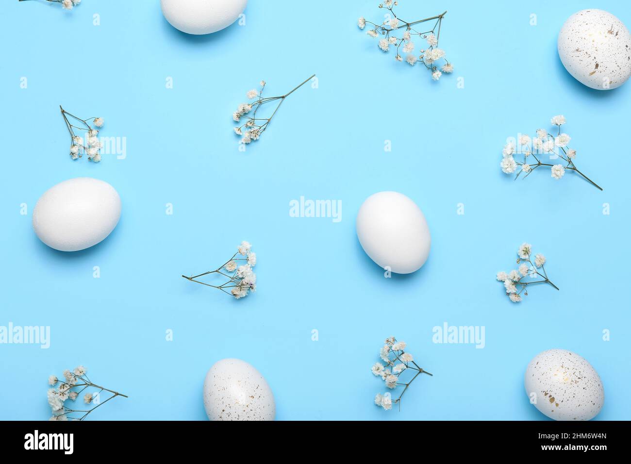 Composition with beautiful Easter eggs and gypsophila flowers on color ...