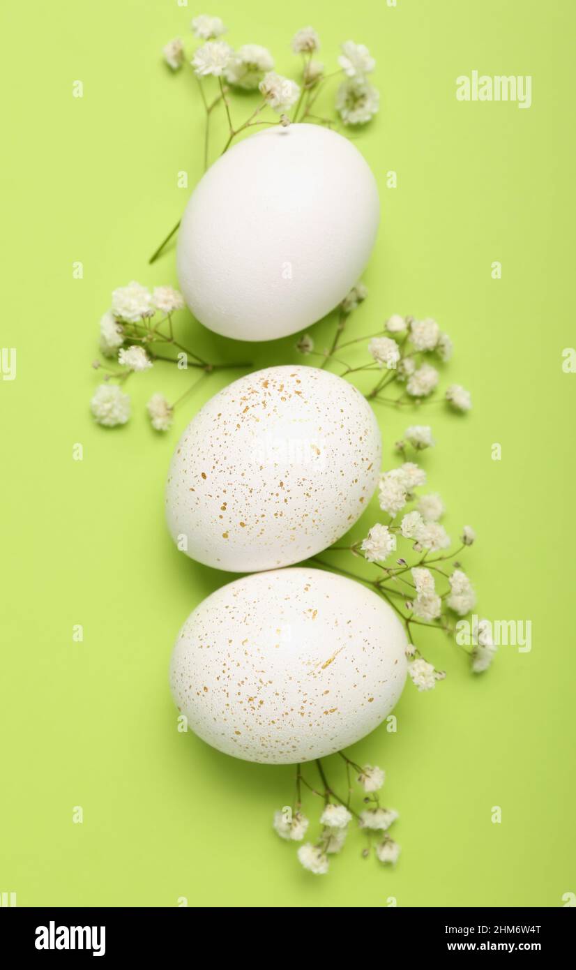 Composition with beautiful Easter eggs and gypsophila flowers on green ...