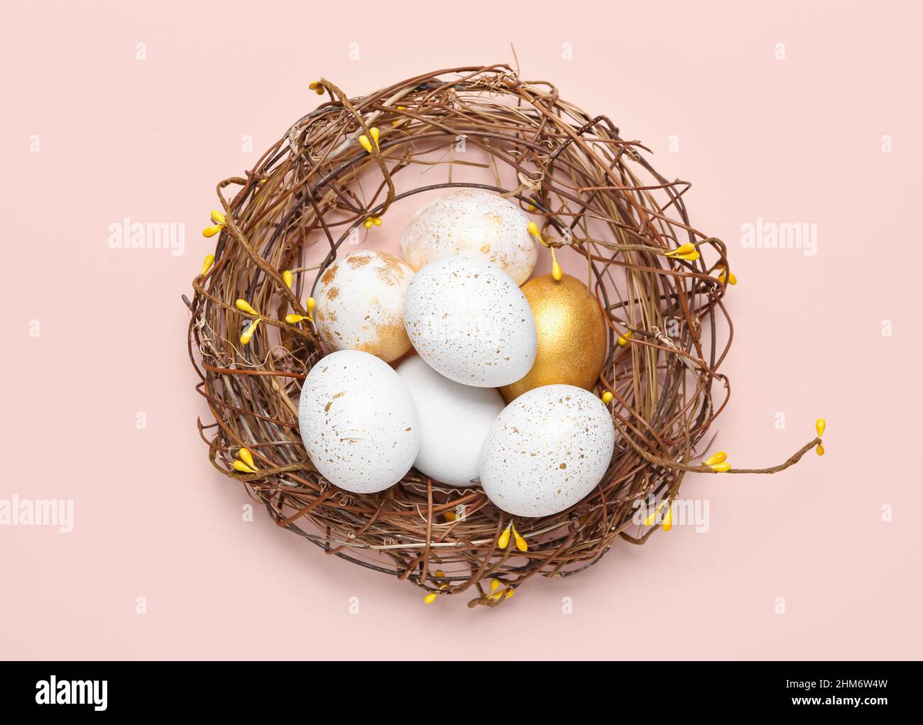 Nest with beautiful Easter eggs against color background Stock Photo ...
