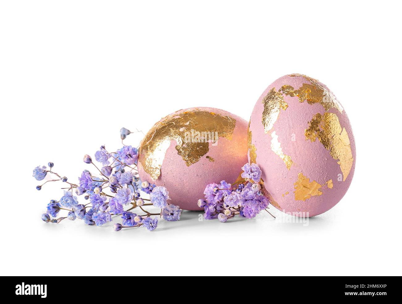 Beautiful Easter eggs and gypsophila flowers on white background Stock ...