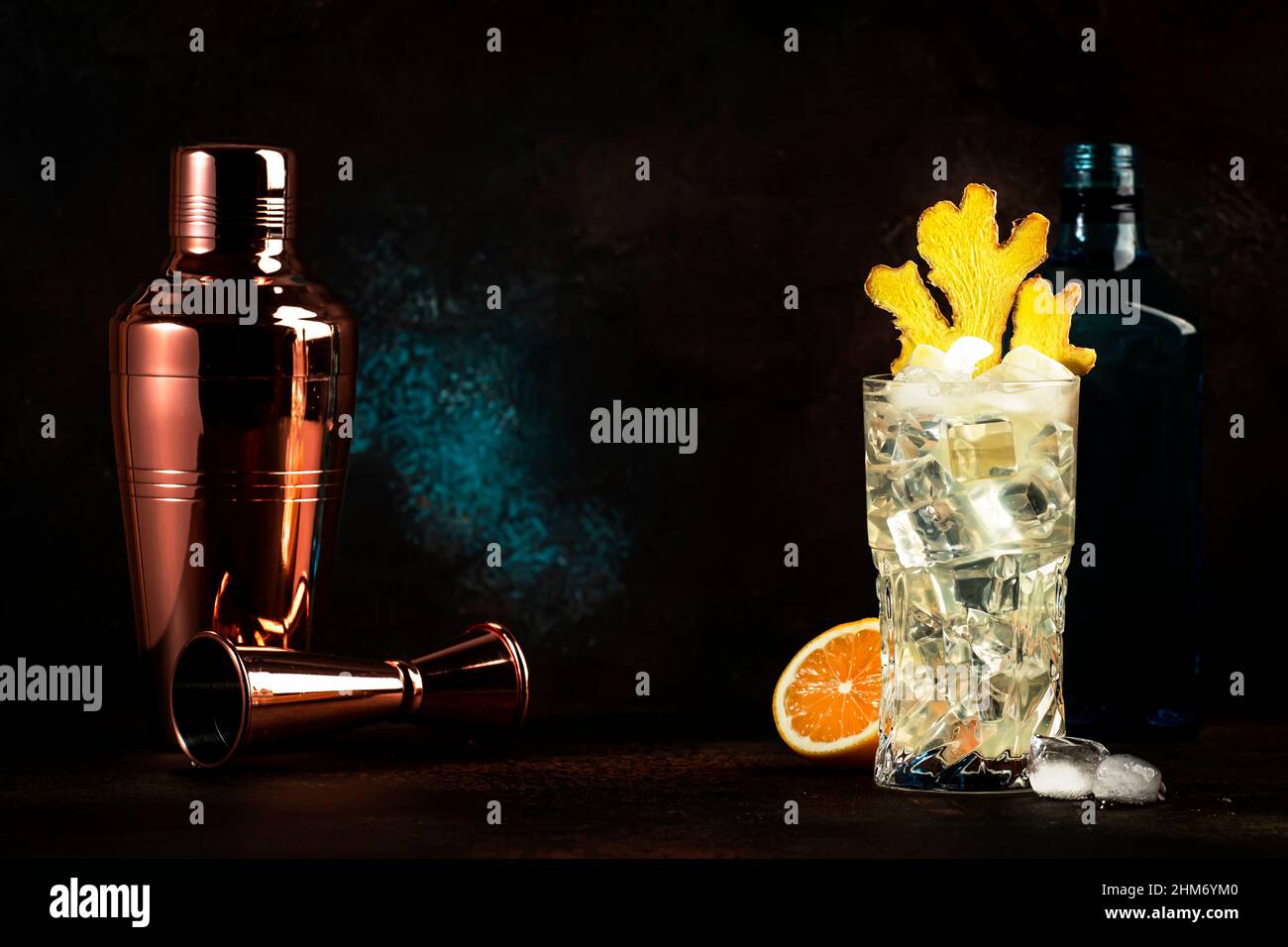 Gin mule alcoholic cocktail with dry gin, lemon juice, soda, lime and