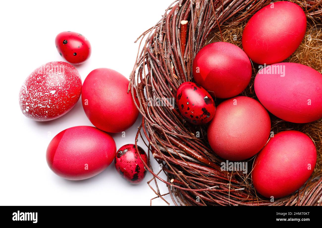 Nest with beautiful Easter eggs isolated on white background, closeup ...