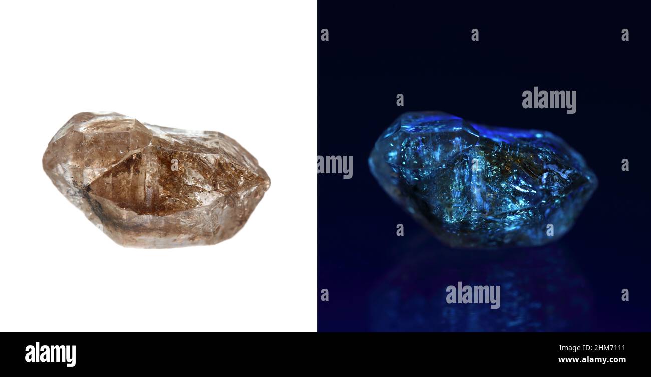 Comparison photos of rare variety of diamond quartz with hydrocarbon inclusions (Petroleum quartz / Enhydro quartz) under daylight and UV light in the Stock Photo