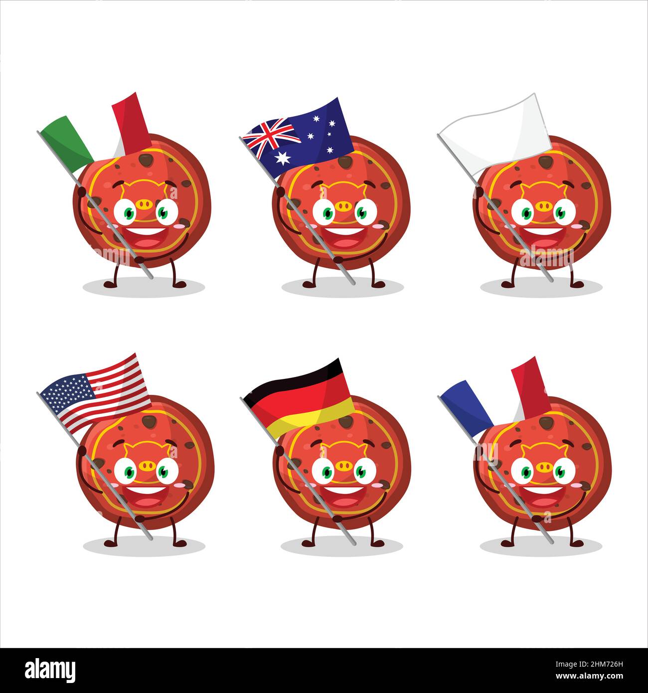 red cookies pig cartoon character bring the flags of various countries. Vector illustration Stock Vector