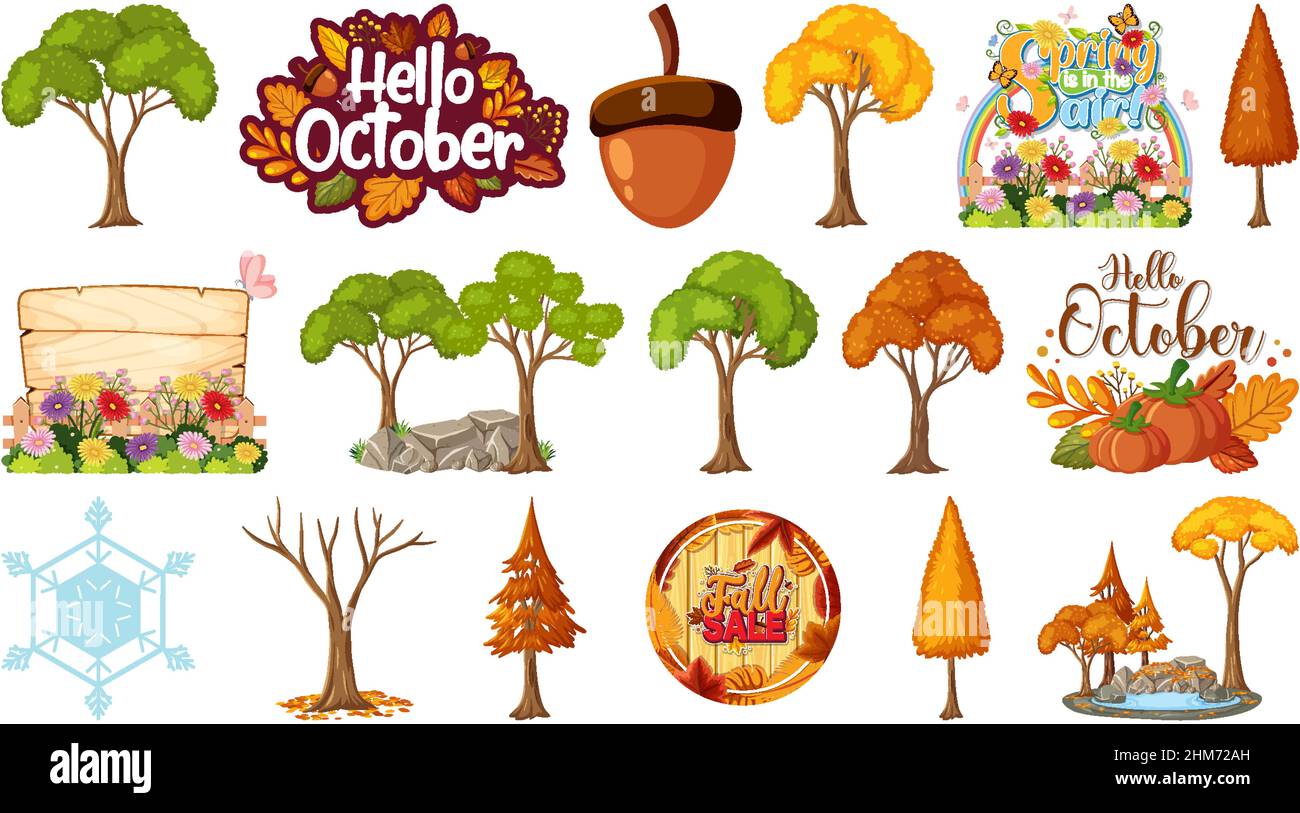 Set of four seasons trees and nature objects illustration Stock Vector ...
