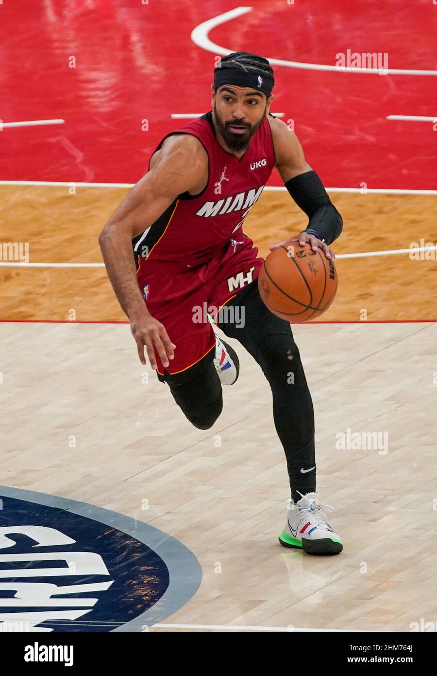 WASHINGTON, DC - FEBRUARY 07: Miami Heat guard Gabe Vincent (2) charges  into the attack during a NBA game between the Washington Wizards and the Miami  Heat, on February 07, 2022, at
