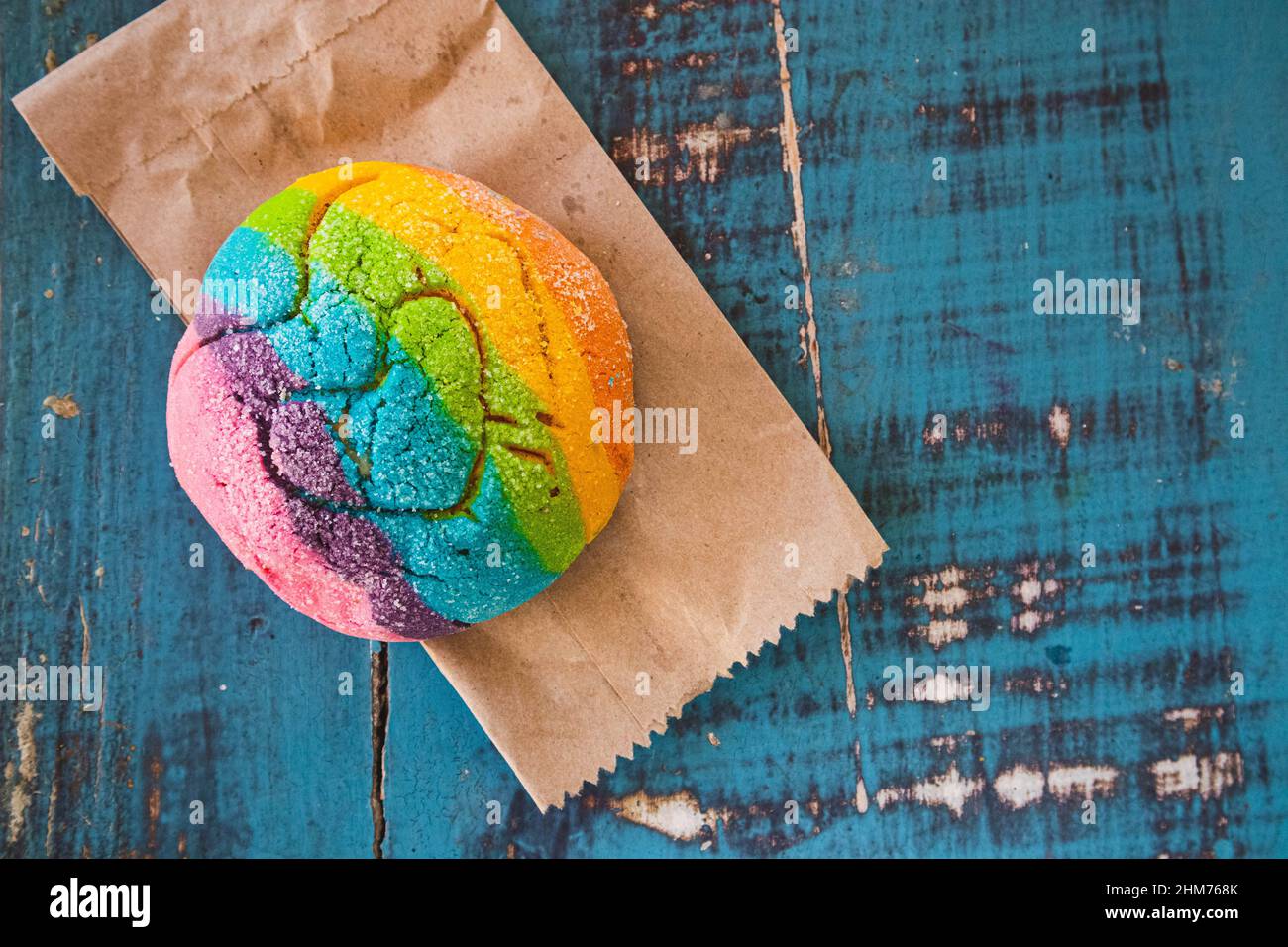 Rainbow Concha with a Heart. Mexican sweet bread with rainbow top Stock