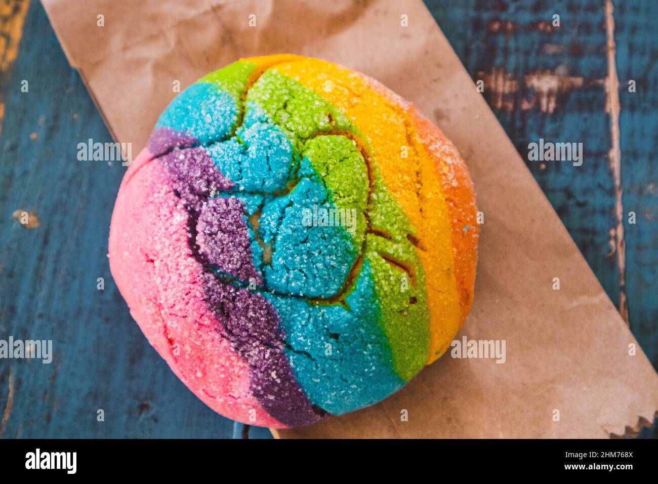 Rainbow Concha with a Heart. Mexican sweet bread with rainbow top Stock