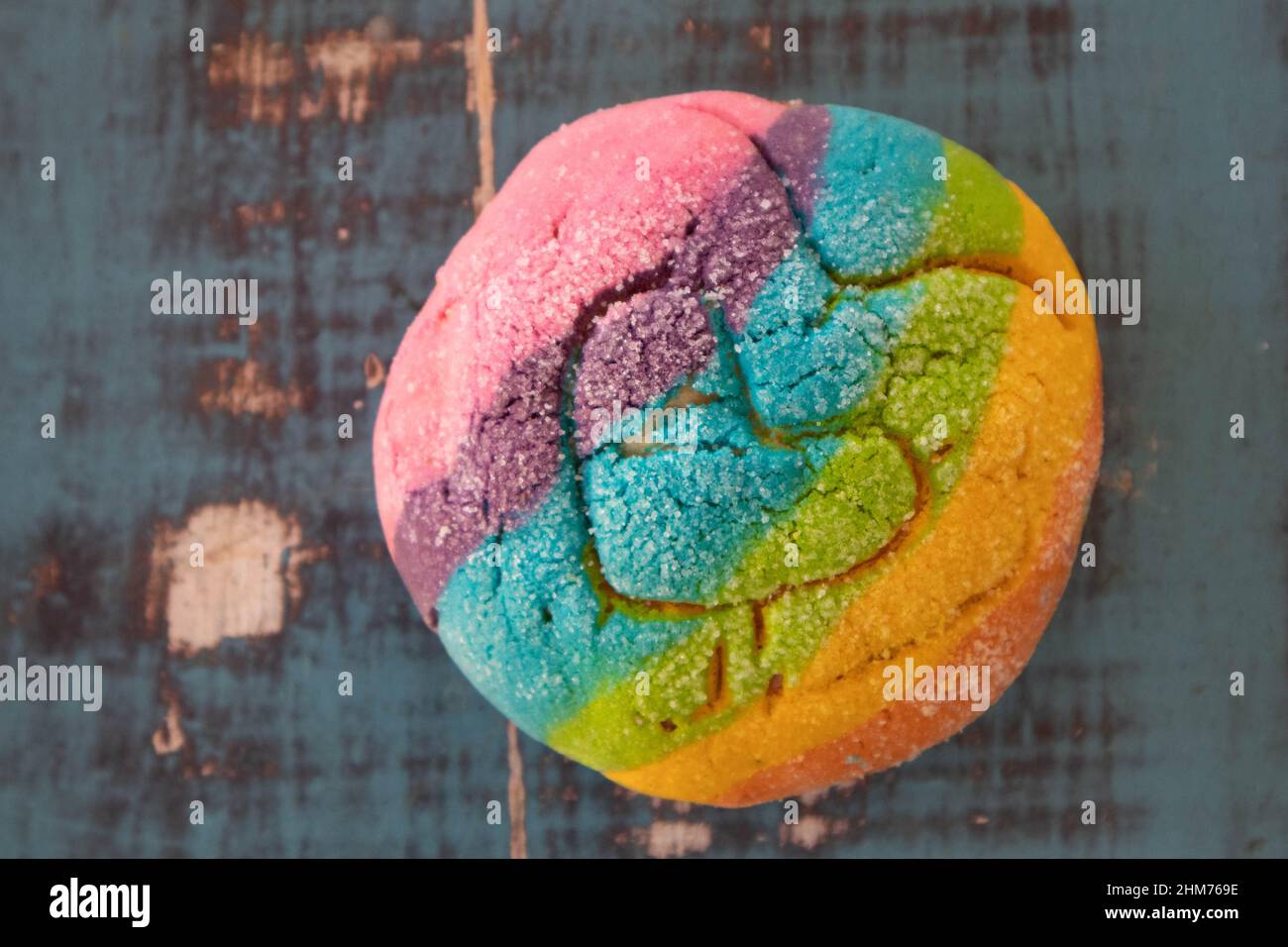 Rainbow Concha with a Heart. Mexican sweet bread with rainbow top Stock