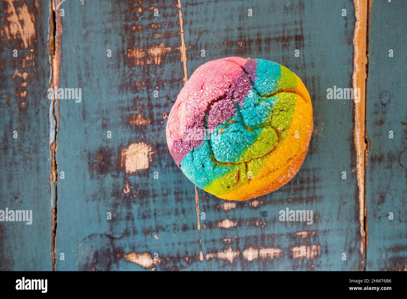 Rainbow Concha with a Heart. Mexican sweet bread with rainbow top Stock