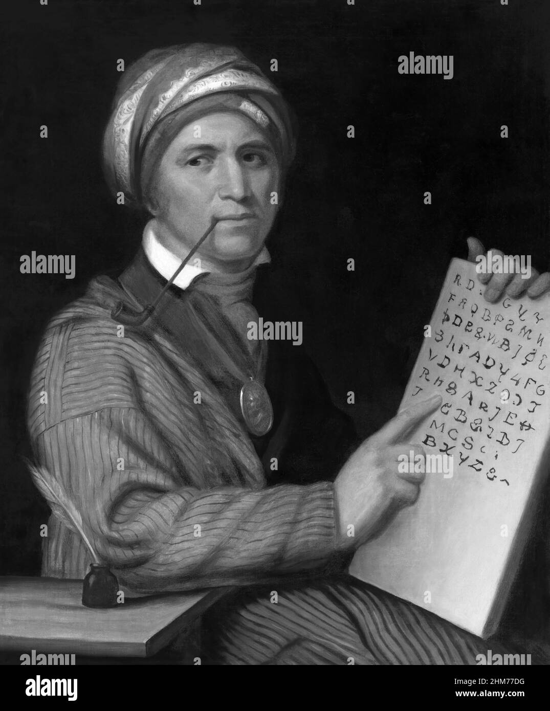 Sequoyah (c1770–1843), son of a Cherokee woman and a fur trader from Virginia, was a warrior, hunter, and silversmith who for twelve years worked to devise a method of writing for the Cherokee language. (From a painted portrait by Henry Inman, c1830, after an earlier portrait by Charles Bird King which was destroyed in the Smithsonian Castle fire of 1865.) Stock Photo
