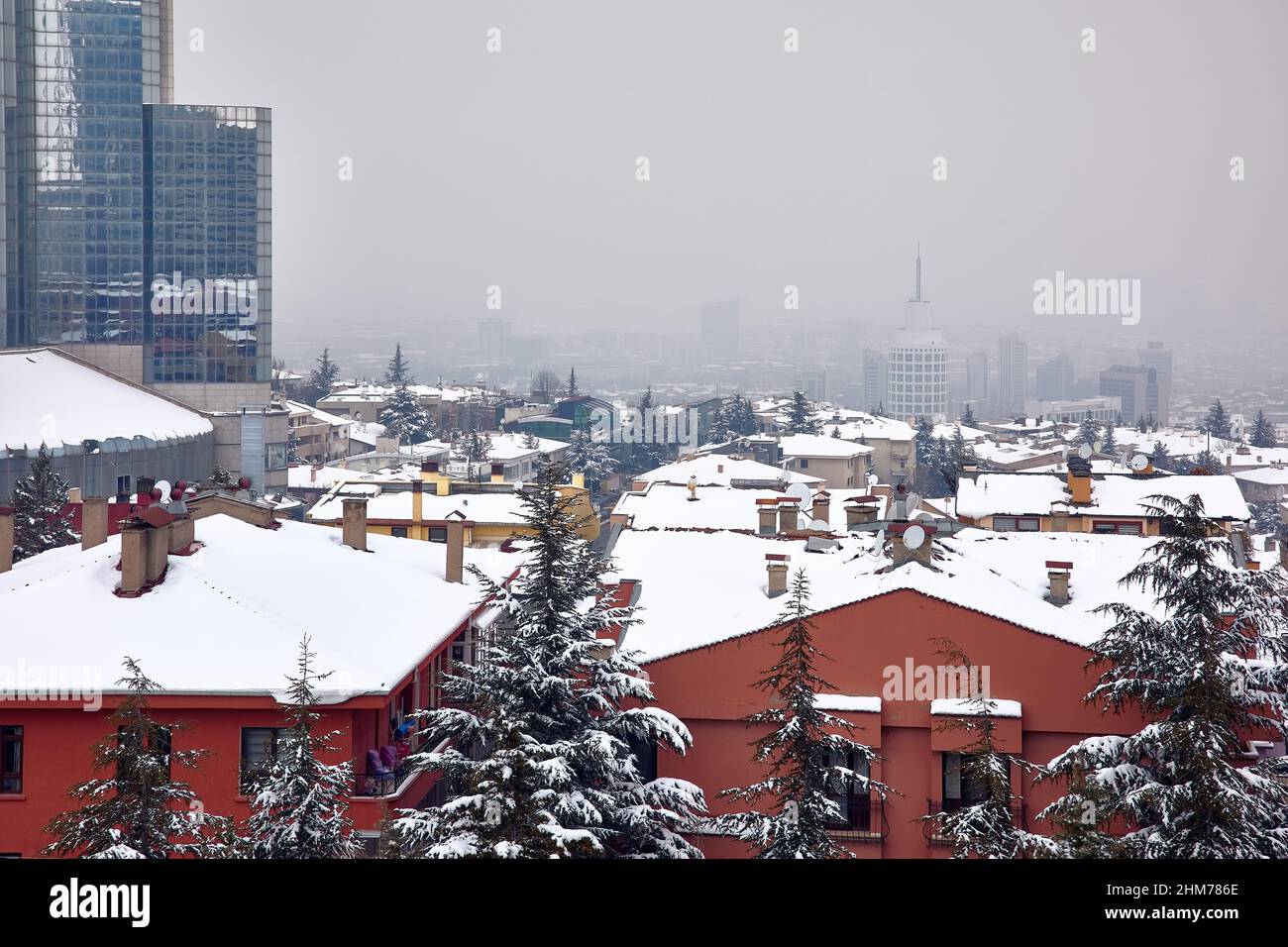 From above view of Ankara the capital city of Turkey covered with snow in winter. Stock Photo