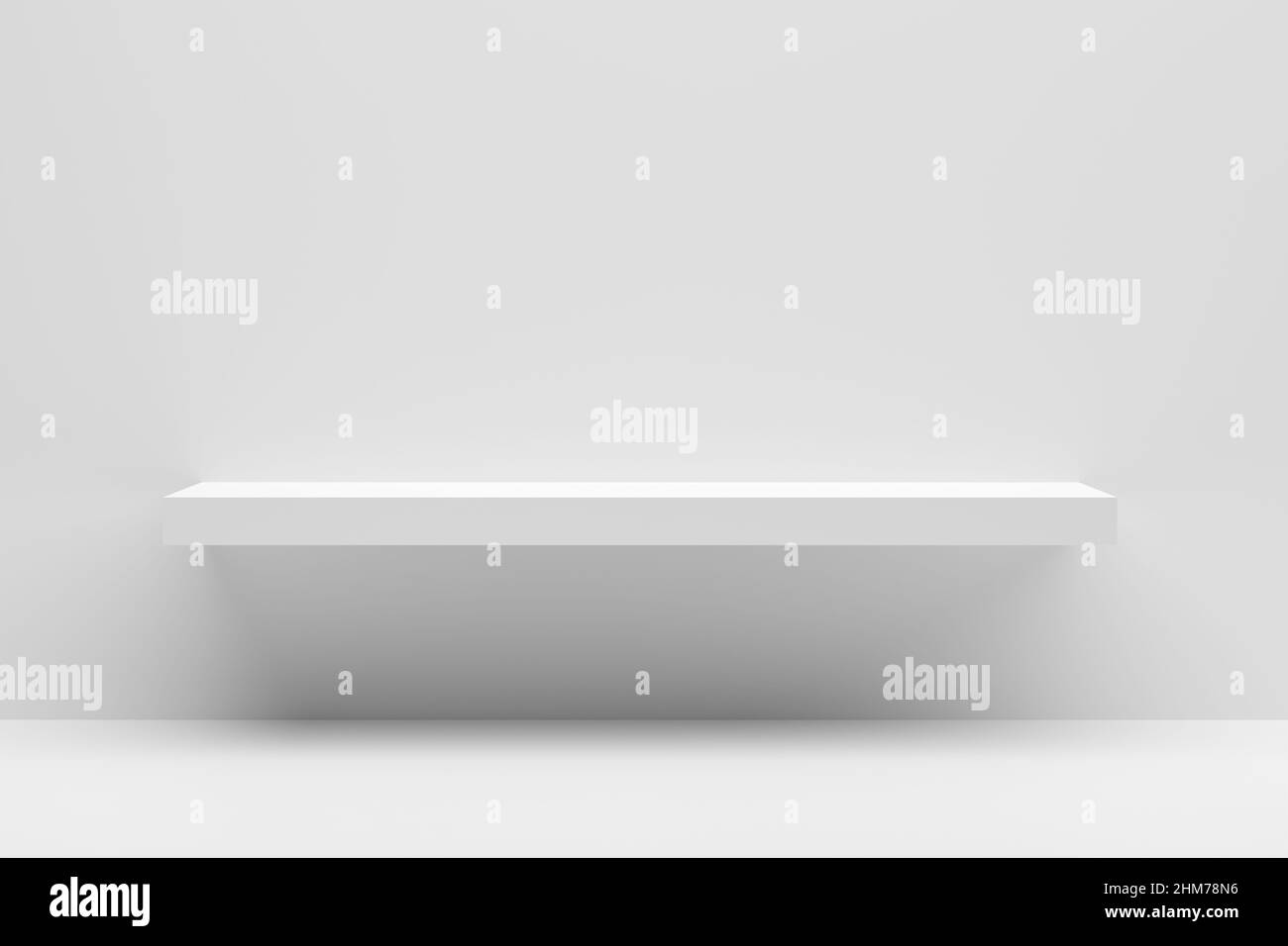 Front view of empty white shelf mounted on a white wall with white