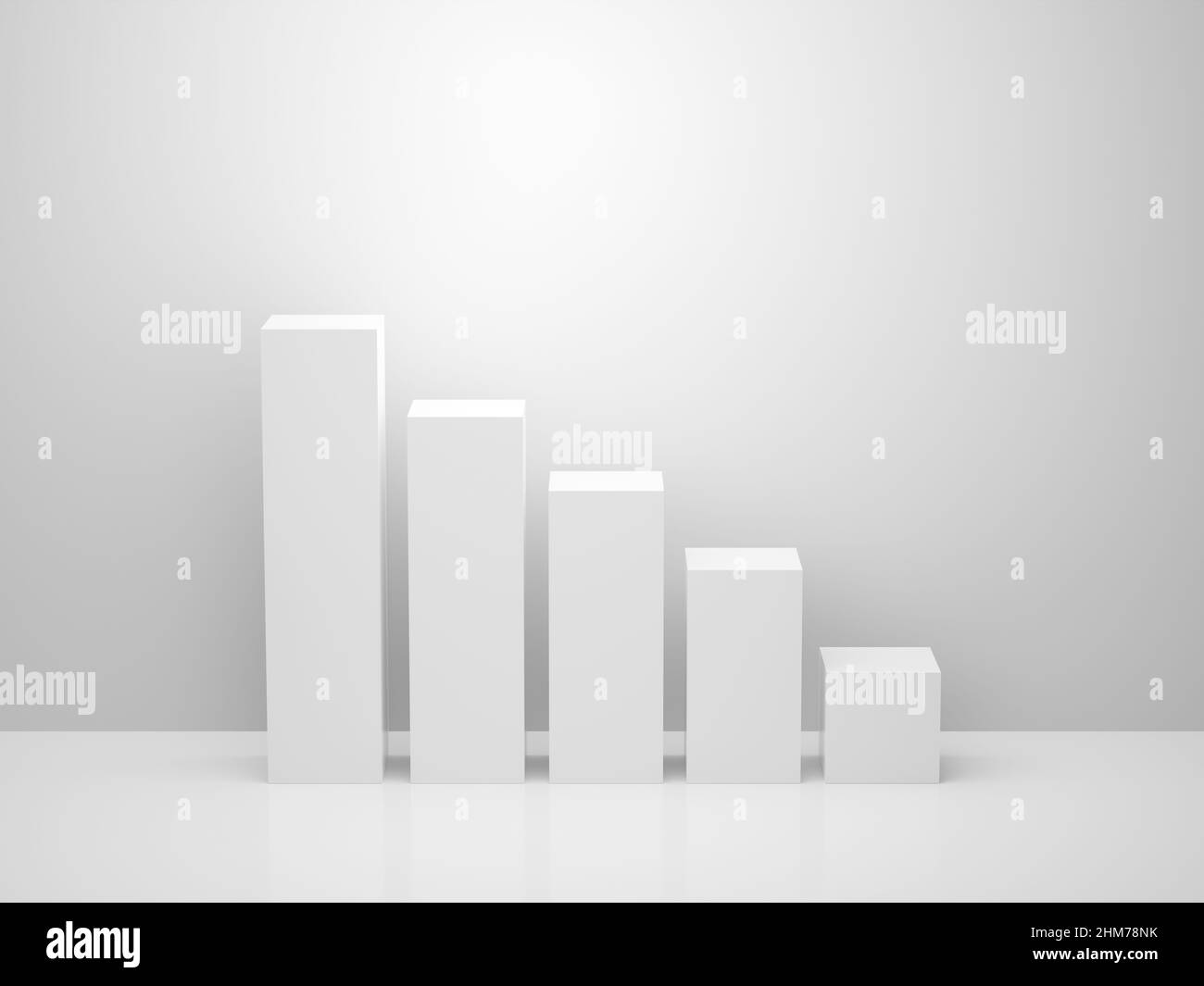 Descending bar chart graph with white wall background. Business or economy decline crisis, and failure concept. 3D render. Stock Photo