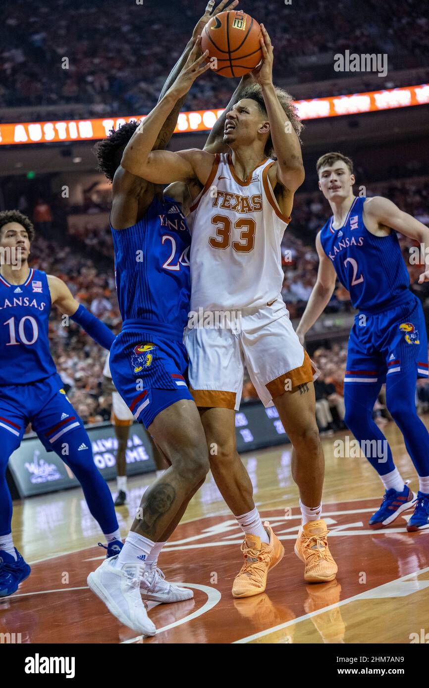 Center. 07th Feb, 2022. Tre Mitchell #33 of the #20 Texas Longhorns in action vs the #8 Kansas Jayhawks at the Frank Erwin Center. Texas defeats the Kansas Jayhawks 79-76. Credit: csm/Alamy Live News Stock Photo