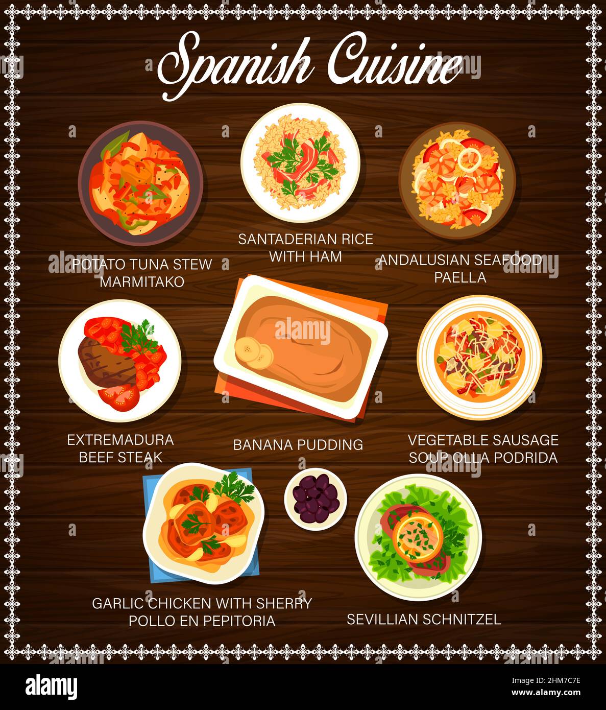 Spanish cuisine vector menu potato tuna stew marmitako, santaderian rice with ham, andalusian seafood paella, extremadura beef steak, Banana pudding, Stock Vector