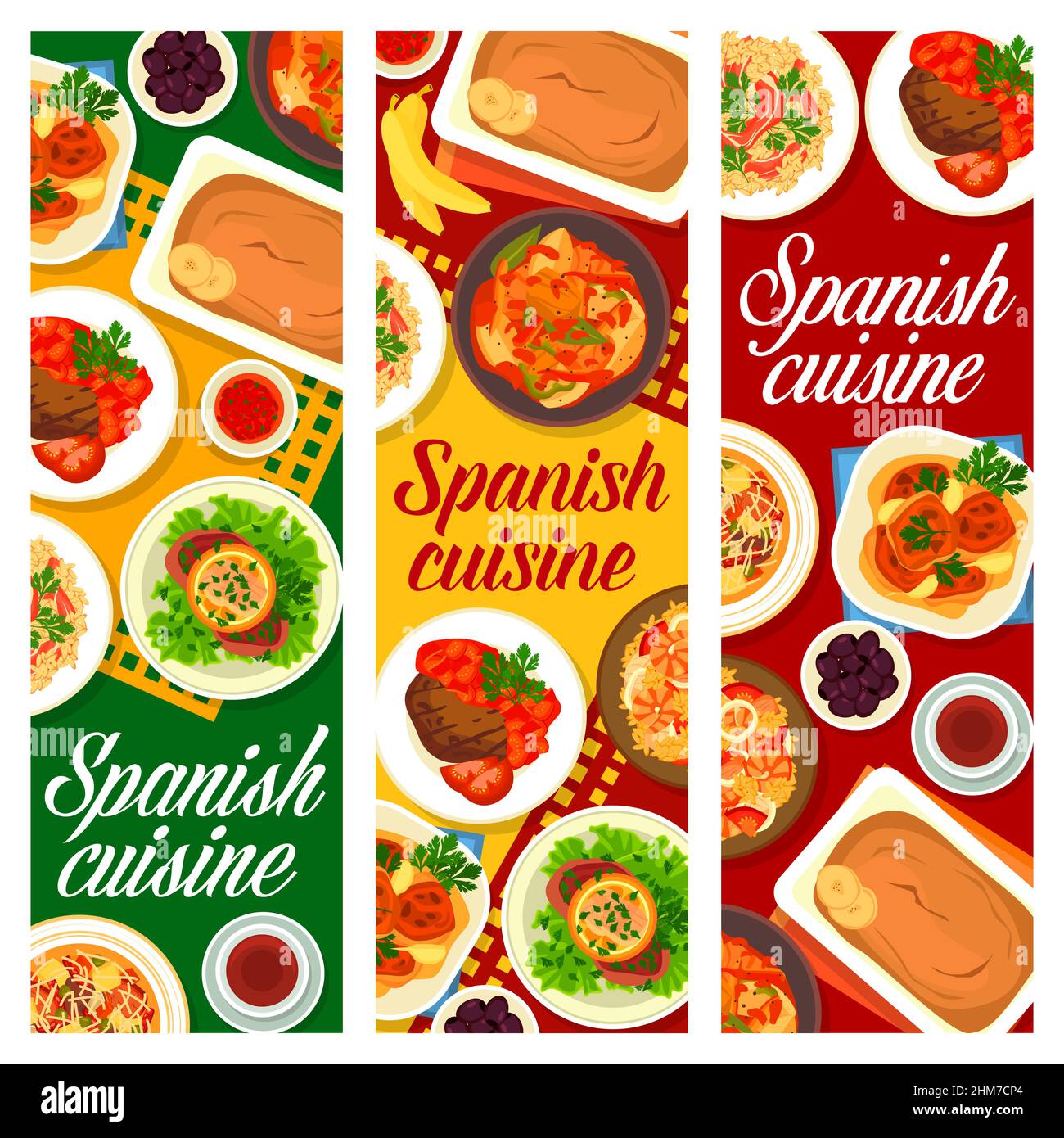 Spanish cuisine vector banners vegetable sausage soup olla podrida, sevillian schnitzel, potato tuna stew marmitako. Santaderian rice with ham, andalu Stock Vector