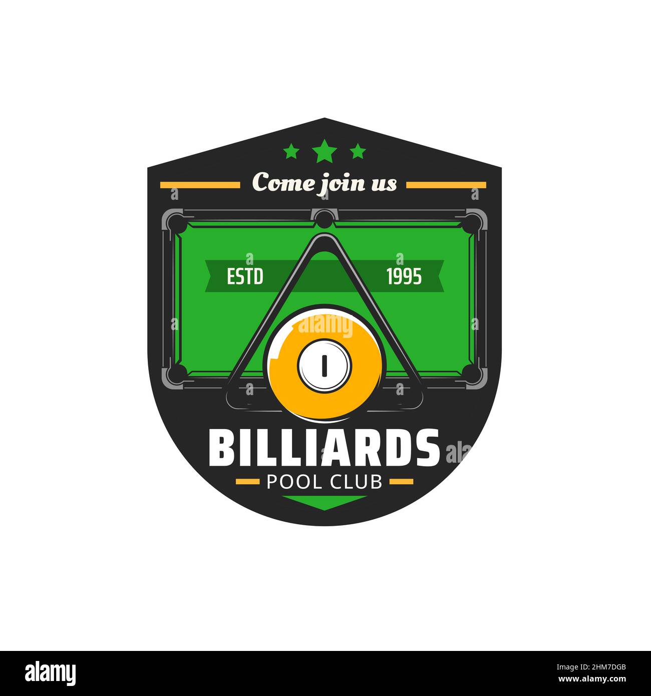 Billiards pool club vector icon. Bbilliard sport ball, cue and triangle ...