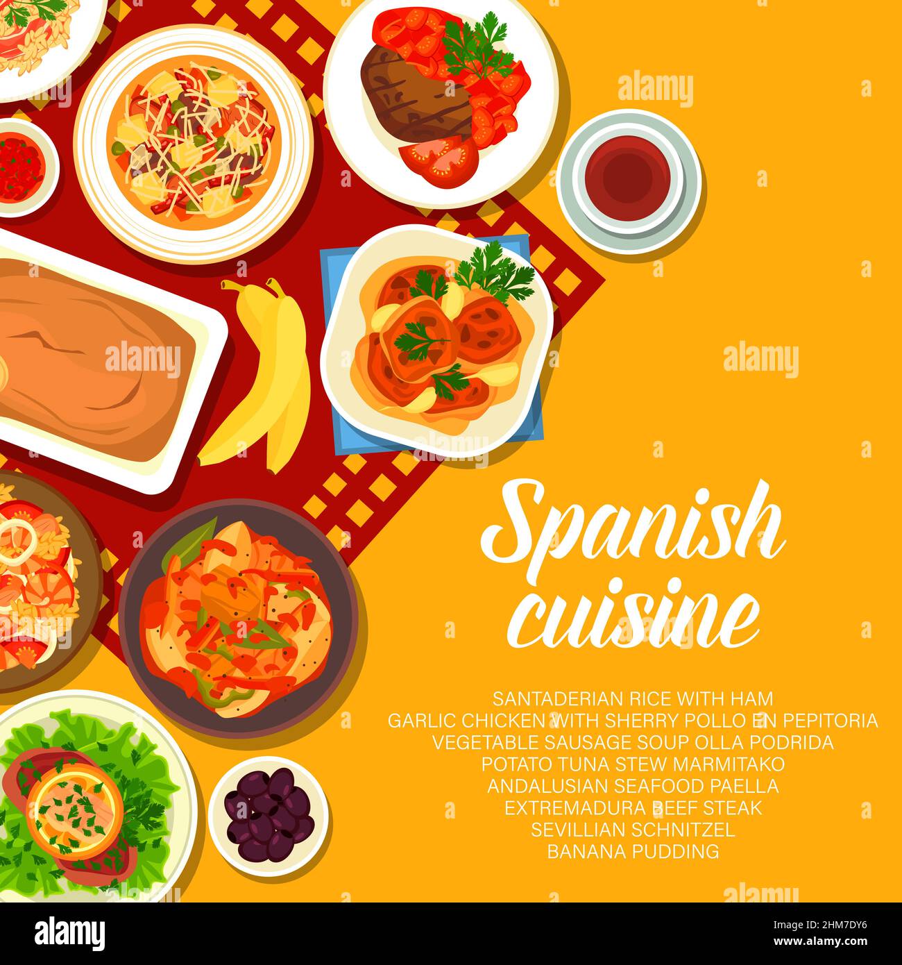 Spanish cuisine vector menu cover santaderian rice with ham, garlic chicken with sherry pollo en pepitoria. Vegetable sausage soup olla podrida, potat Stock Vector