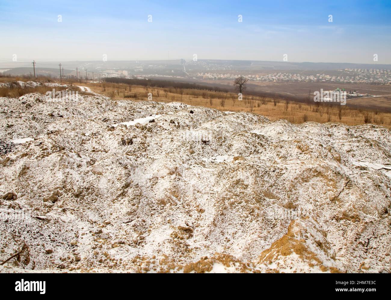 Early frost on the ground and roads. A winter panorama Stock Photo