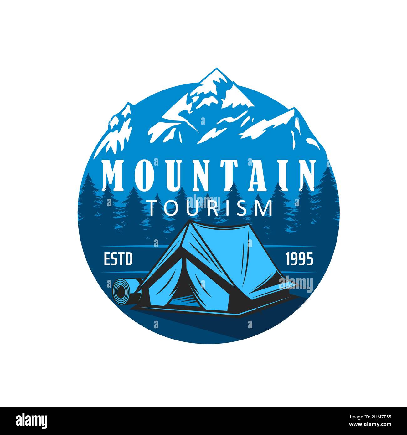 Mountain climbing tourism vector icon with camping tent and tourist mat at camp with pine forest trees and mountain peaks. Outdoor adventure, travel a Stock Vector