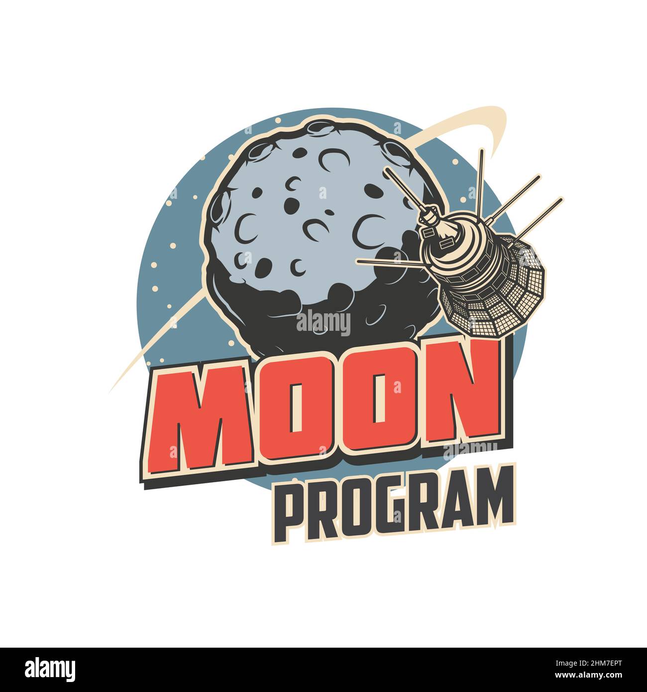 Moon program, orbital station or satellite in spaceflight to planet, vector emblem. Lunar rover spacecraft for moon exploration mission, spaceship roc Stock Vector