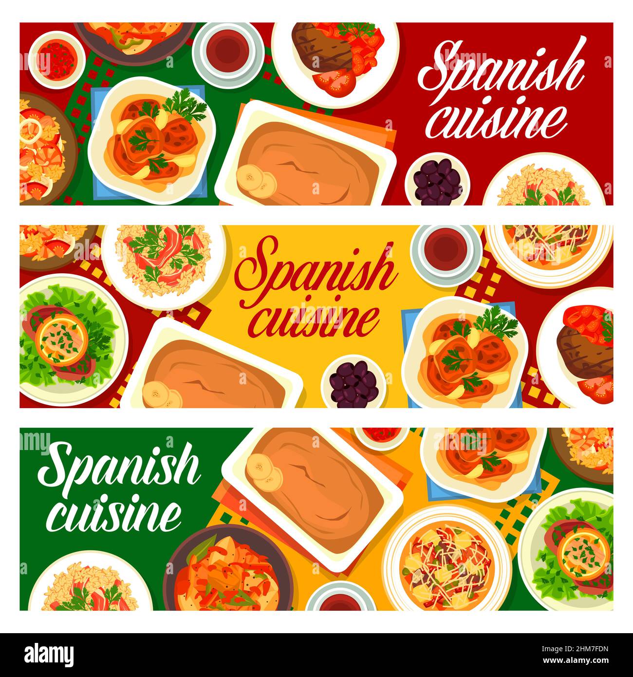 Spanish cuisine vector banners banana pudding, potato tuna stew marmitako, andalusian seafood paella, extremadura beef steak. Vegetable sausage soup o Stock Vector