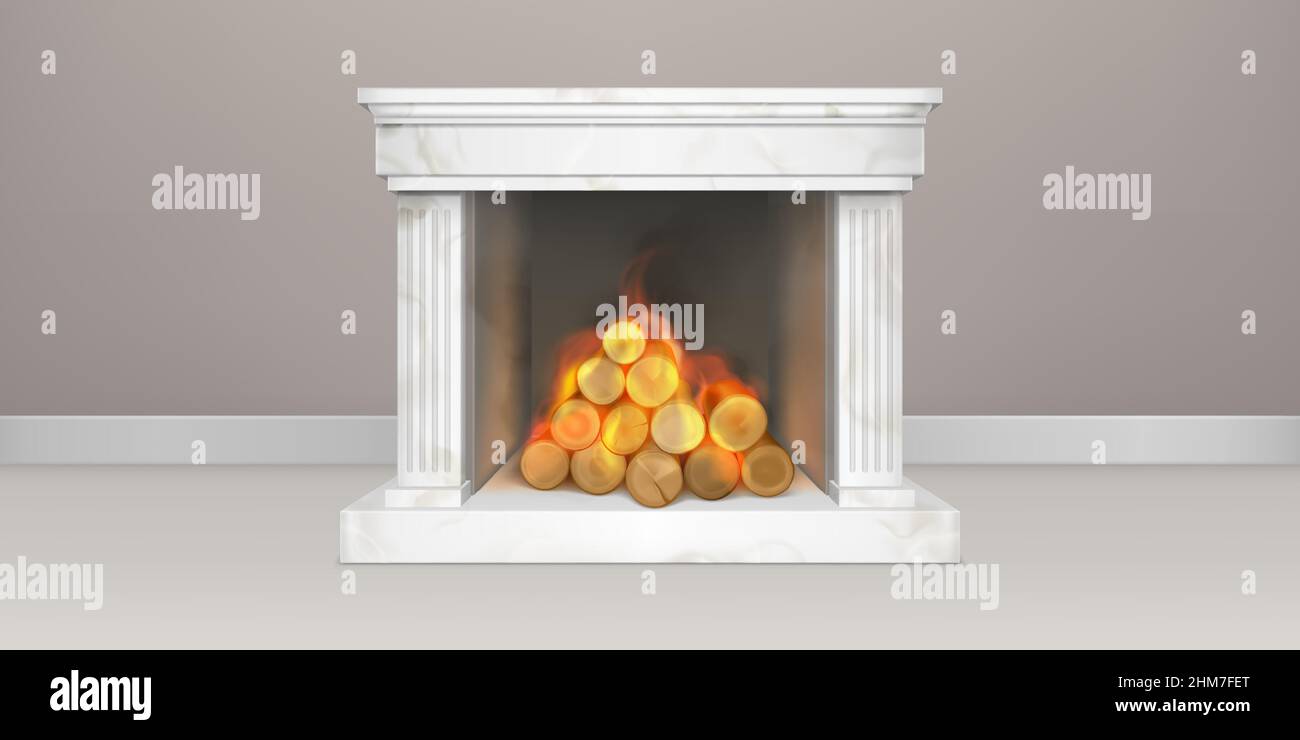 Fireplace with burning woods, white marble or gypsum chimney, classic fire place with flaming logs, home interior decor, vintage house design, cozy heating system, Realistic 3d vector illustration Stock Vector