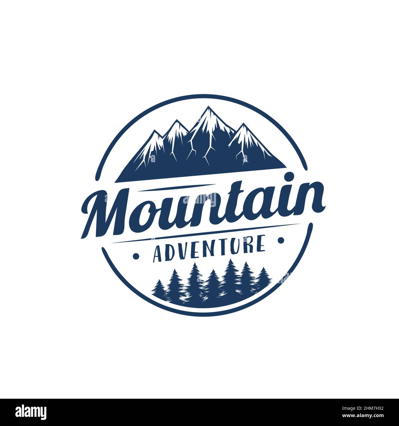 Mountain climbing round icon. Hiking in mountains, climbing expedition or trekking adventure vintage vector symbol, emblem or stickers with mountain s Stock Vector
