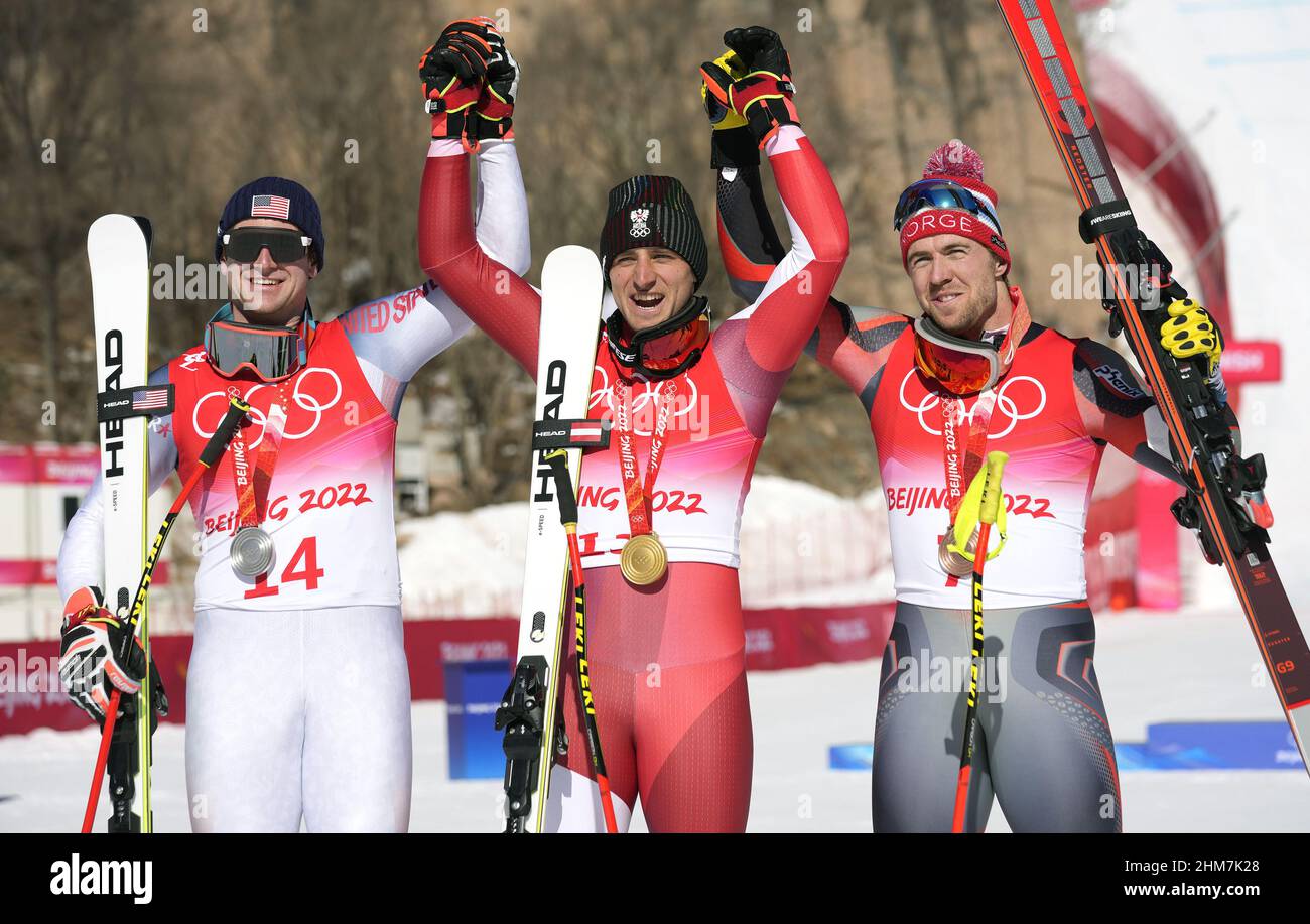 Beijing, China. 08th Feb, 2022. The medalists in men's Super-G (L-R) Ryan Cochran-Siegle, U.S. who took silver; Matthias Mayer of Austria with gold and Aamodt Aleksander Kilde, Norway taking bronze pose with their medals at the Winter Olympics in Beijing on February 8, 2022. Photo by Rick T. Wilking/UPI Credit: UPI/Alamy Live News Stock Photo