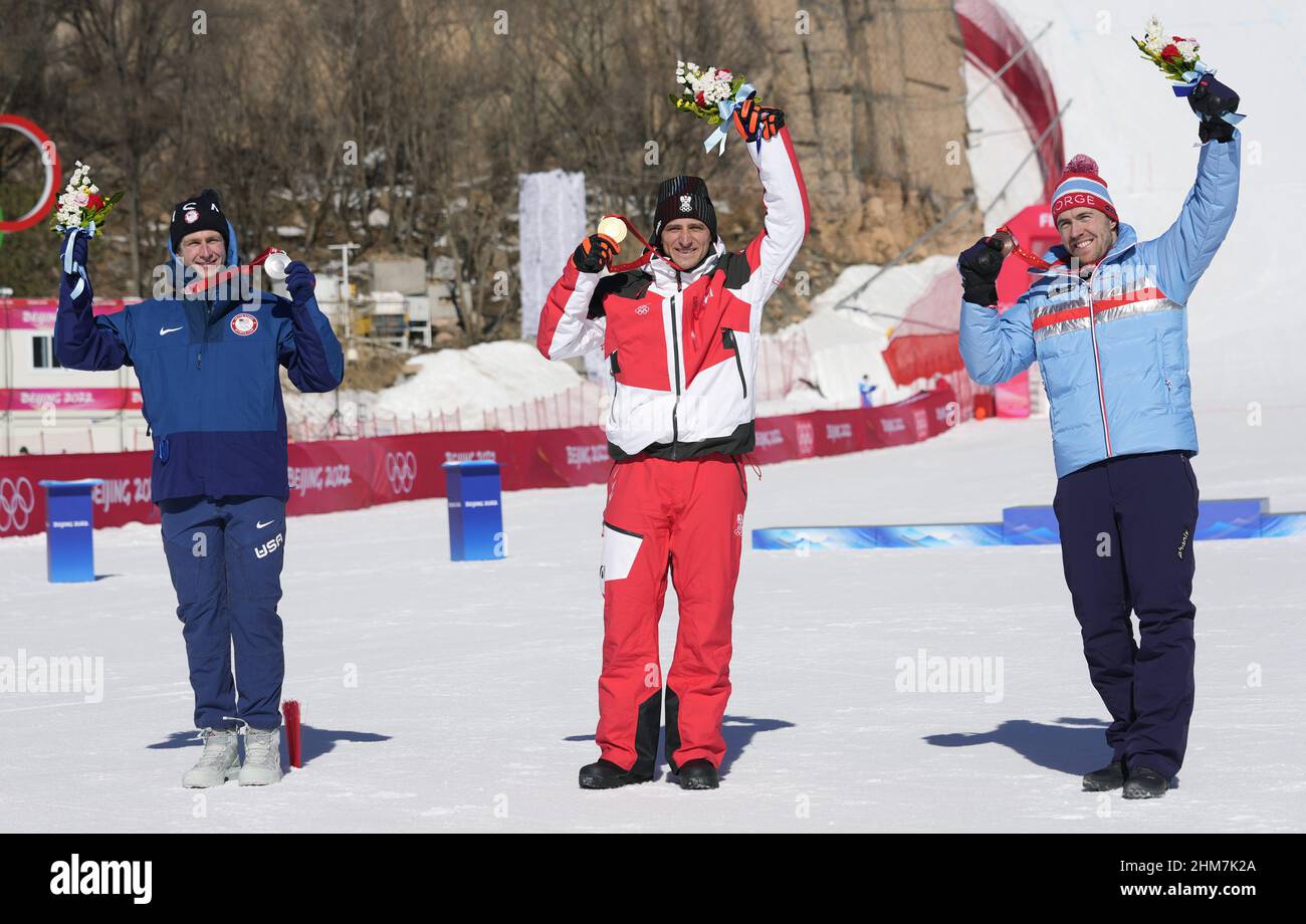 Beijing, China. 08th Feb, 2022. The medalists in men's Super-G (L-R) Ryan Cochran-Siegle, U.S. who took silver; Matthias Mayer of Austria with gold and Aamodt Aleksander Kilde, Norway taking bronze pose with their medals at the Winter Olympics in Beijing on February 8, 2022. Photo by Rick T. Wilking/UPI Credit: UPI/Alamy Live News Stock Photo