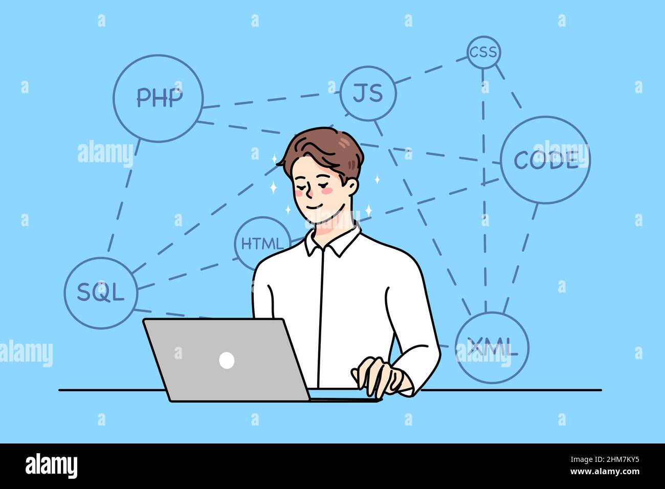 Smiling young man sit at desk do web programming on computer in office. Guy programmer work on laptop, testing coding on device. Debugging and testing. Analyst or developer job. Vector illustration.  Stock Vector