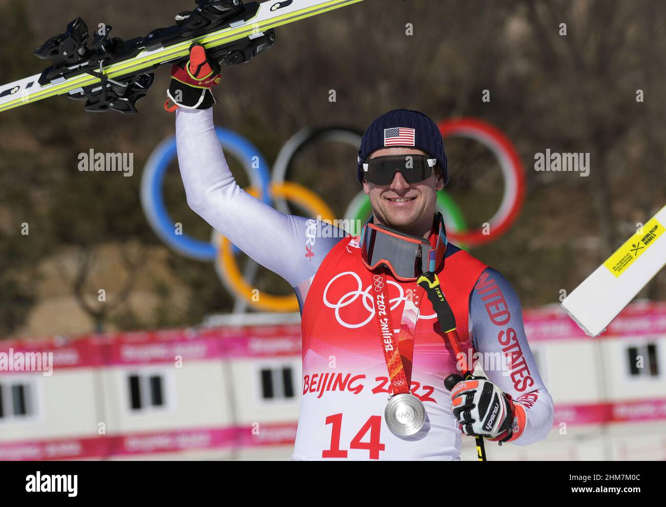 Beijing, China. 08th Feb, 2022. Ryan Cochran-Siegle, U.S., poses with his silver medal in men's Super-G at the Winter Olympics in Beijing on February 8, 2022. Cochran-Siegle was only four hundredths of second behind the winner of the race, Matthias Mayer of Austria. Photo by Rick T. Wilking/UPI Credit: UPI/Alamy Live News Stock Photo