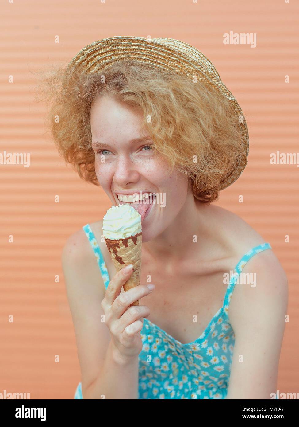 Young Happy Cheerful Curly Redhead Woman In Straw Hat Blue Sundress