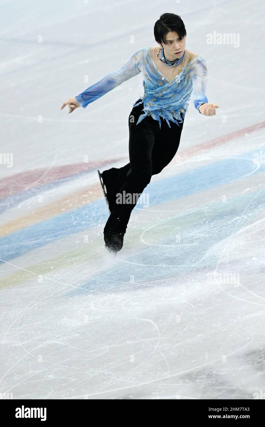 Beijing, China. 8th Feb, 2022. Hanyu Yuzuru of Japan performs during the figure skating men single skating short program at Capital Indoor Stadium in Beijing, capital of China, Feb