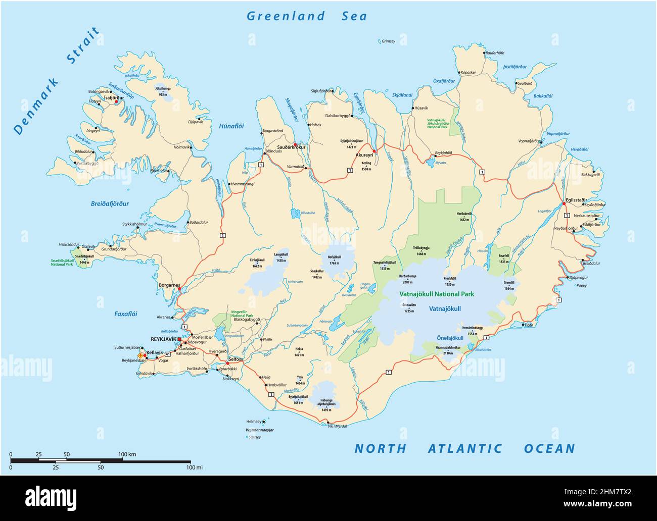 roads and national parks map of the european island nation of iceland Stock Vector