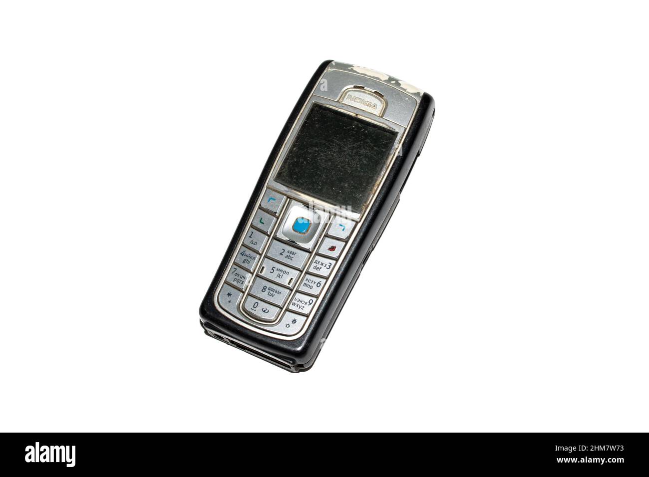 Belarus, Novopolotsk - 19 januay, 2022: Old Nokia push-button phone isolated on white background Stock Photo
