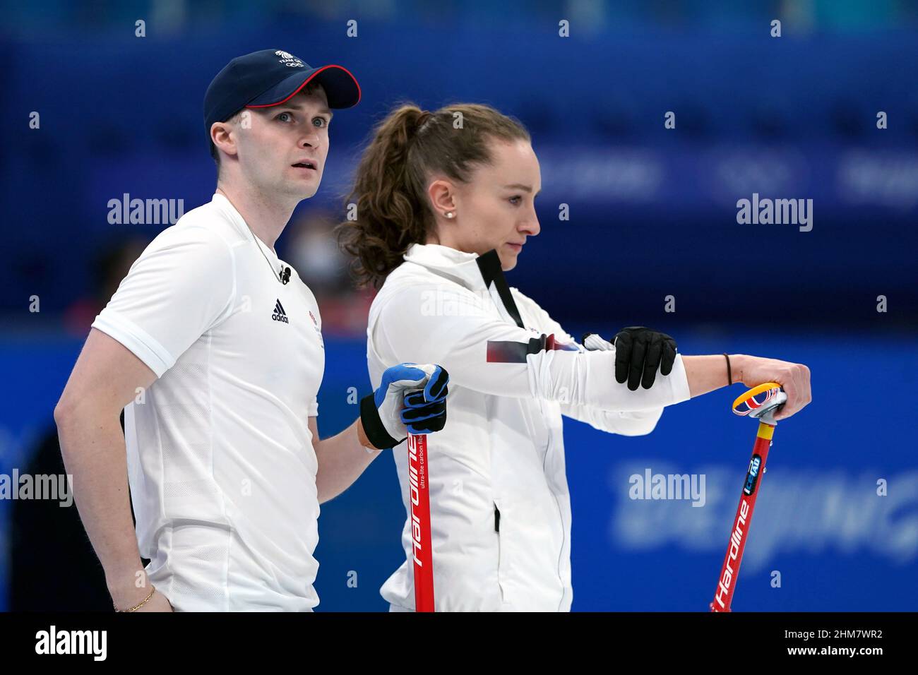 Great Britain's Jennifer Dodds and Bruce Mouat during the Mixed Doubles Bronze Medal match on day four of the Beijing 2022 Winter Olympic Games at the National Aquatics Centre in China. Picture date: Tuesday February 8, 2022. Stock Photo