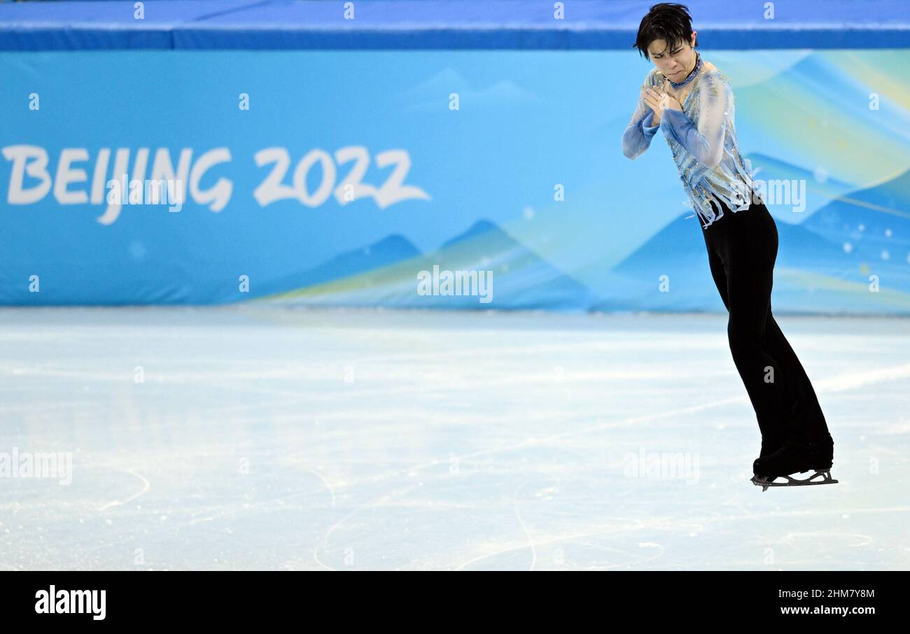 Beijing, China. 8th Feb, 2022. Hanyu Yuzuru of Japan performs during the figure skating men single skating short program at Capital Indoor Stadium in Beijing, capital of China, Feb