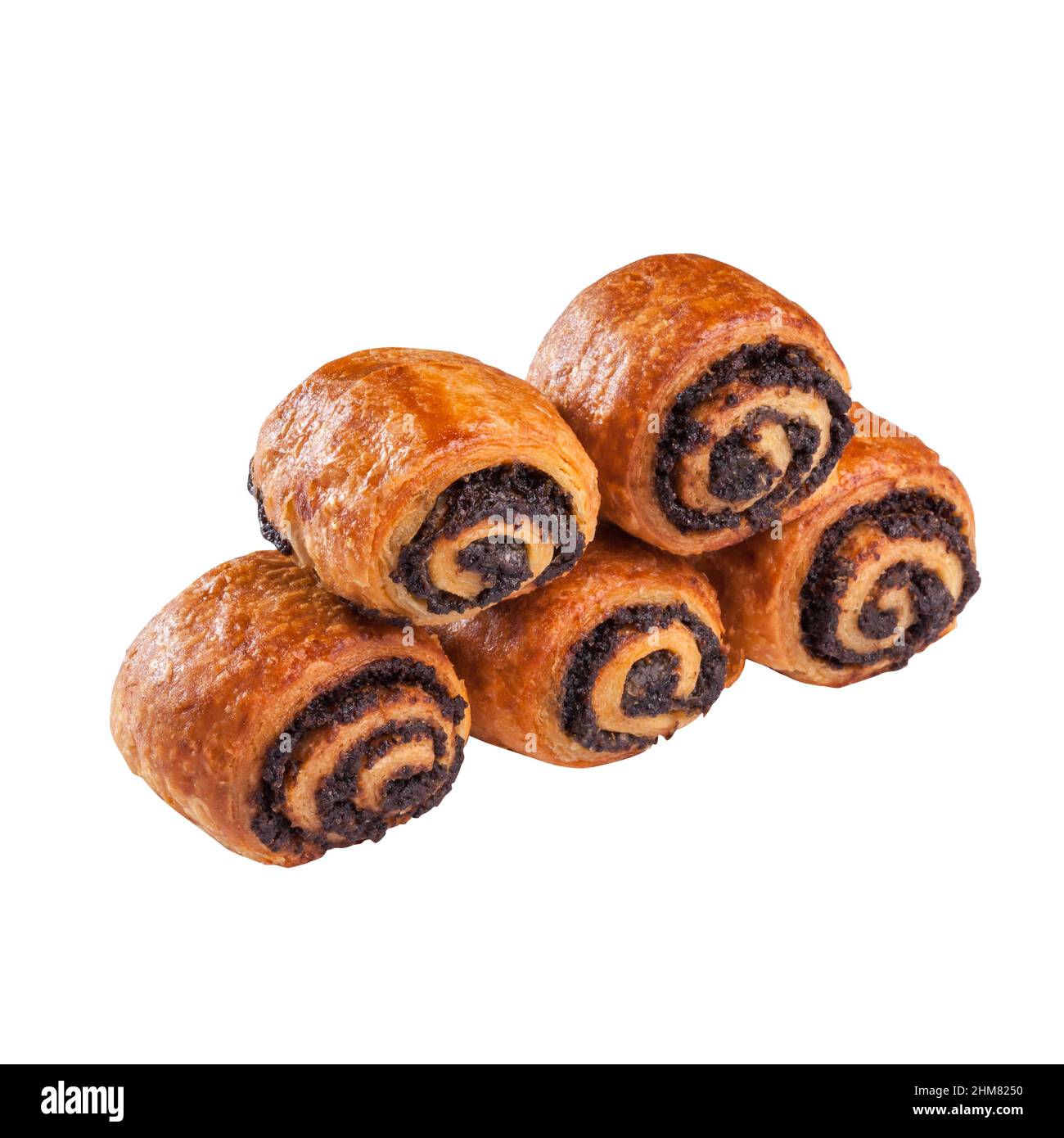 Sweet rolls from yeast puff pastry with poppy seed filling isolated on