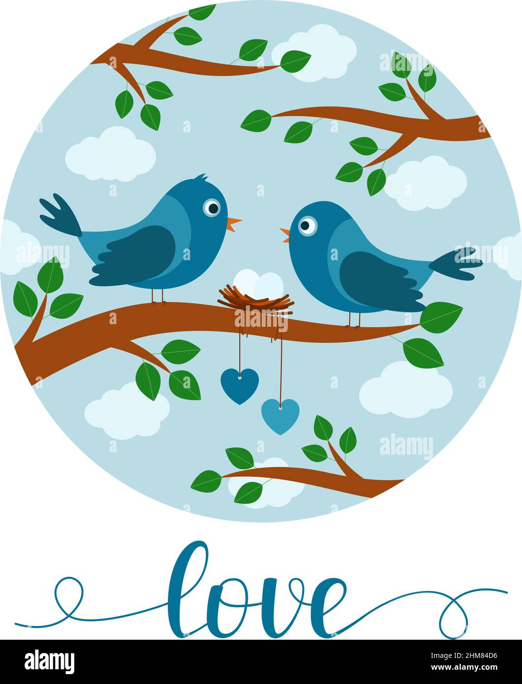 Card with couple of birds on branch, lettering love, vector illustration Stock Vector