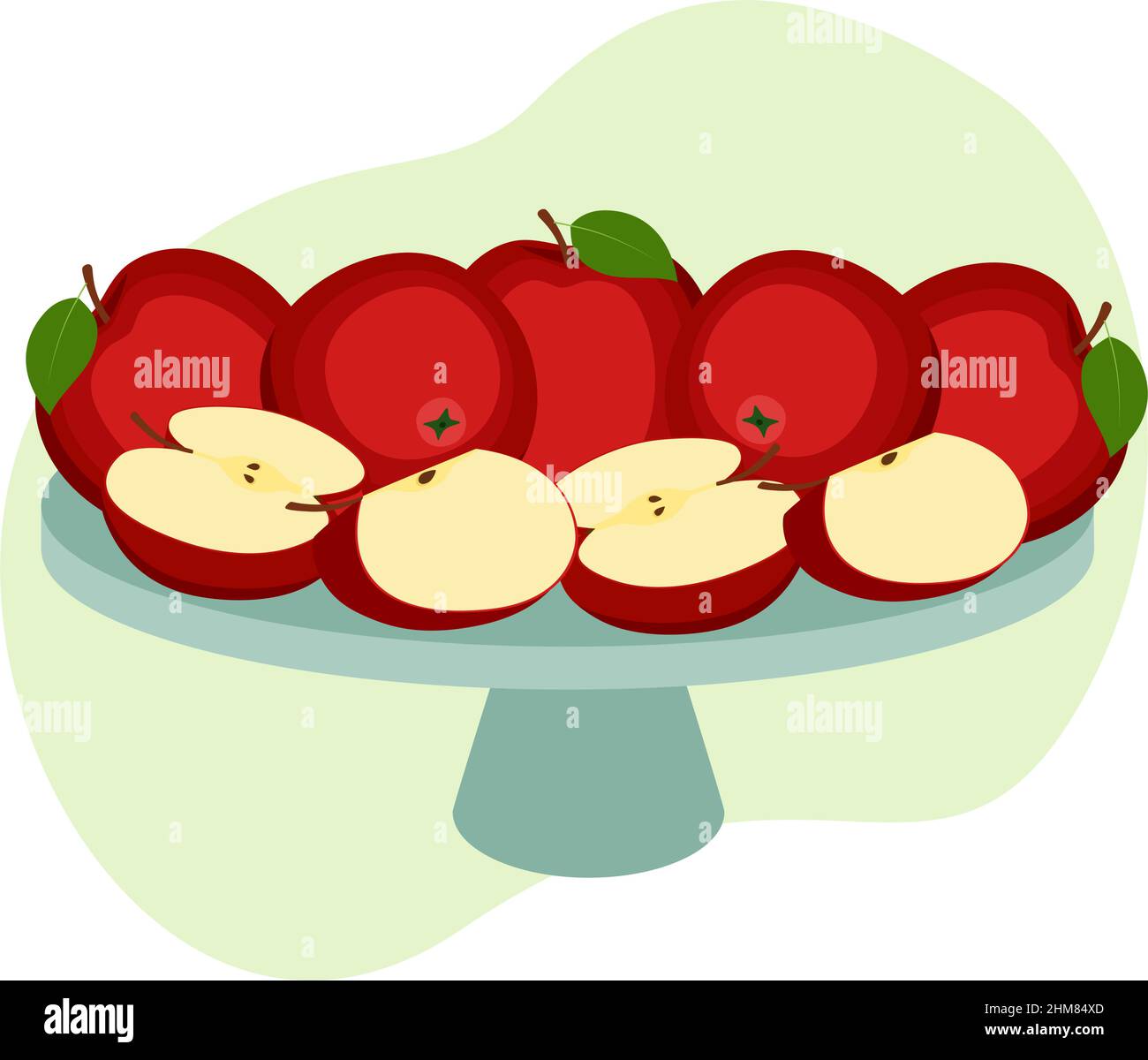 Ripe apples on tray, whole fruit and halves, vector illustration Stock Vector