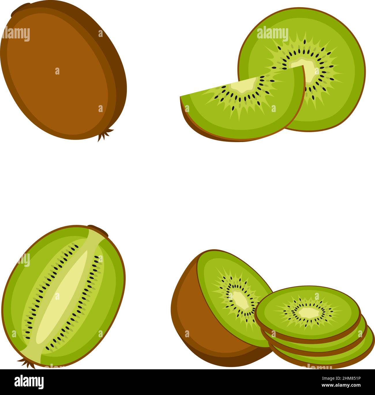 Kiwi, whole fruit, half and slices, on white background, vector illustration Stock Vector