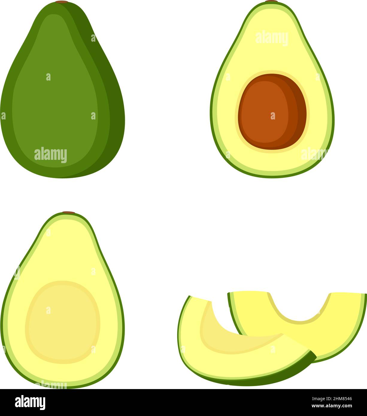 Avocado, whole fruit, half and slices, vector illustration Stock Vector