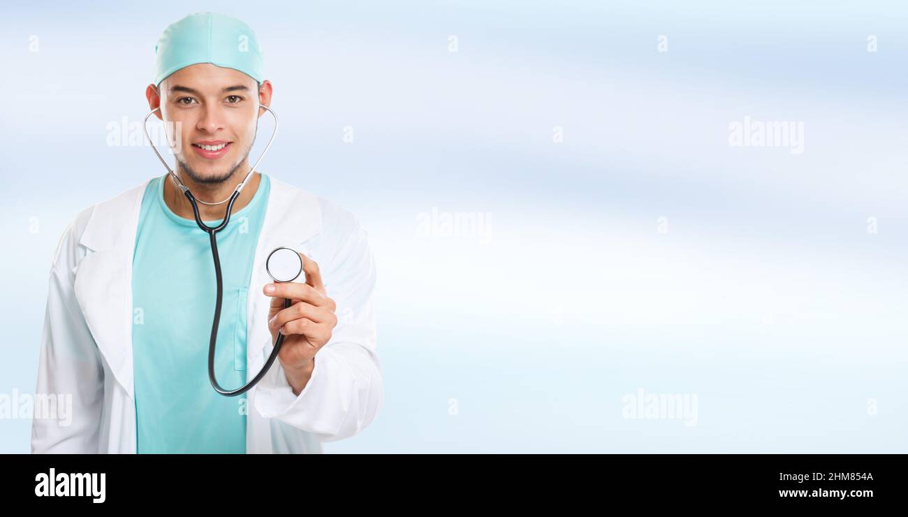 Young doctor with stethoscope heart breathing banner copyspace copy space checkup check illness disease man male Stock Photo