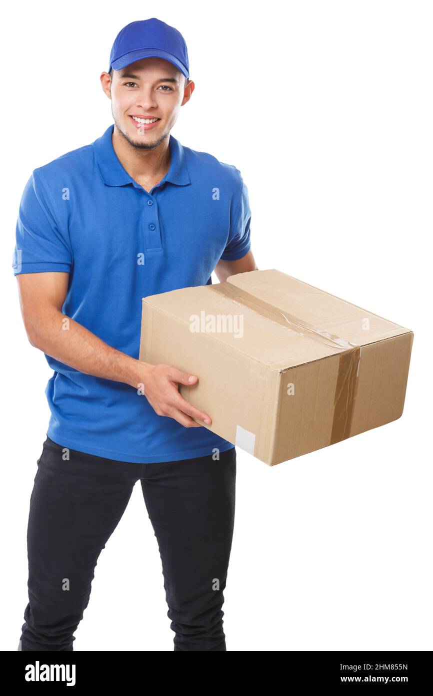 Young delivery man with parcel box in outdoor context with ppe