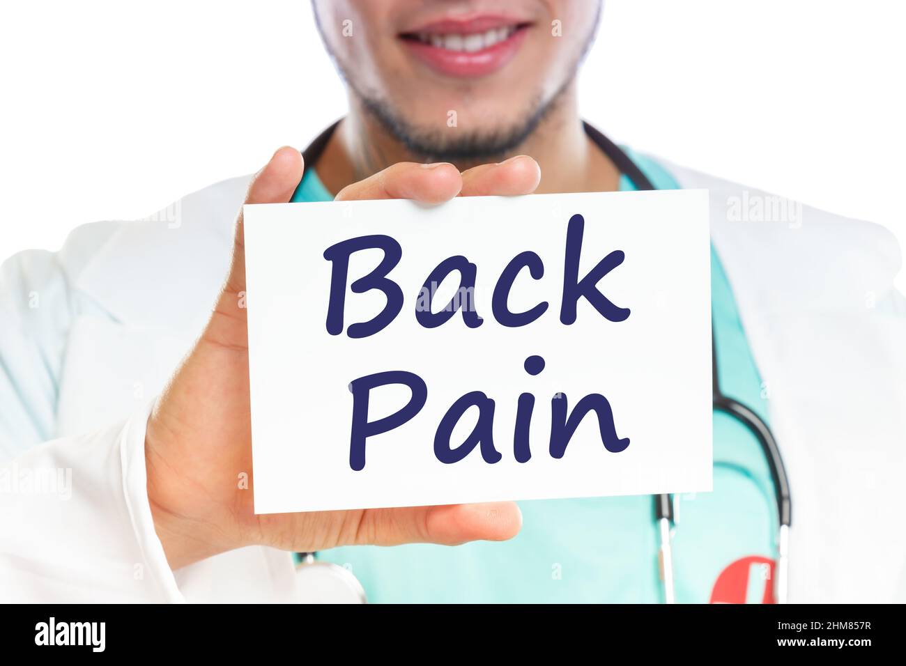 Back pain screening check-up ill illness healthy health doctor with sign Stock Photo