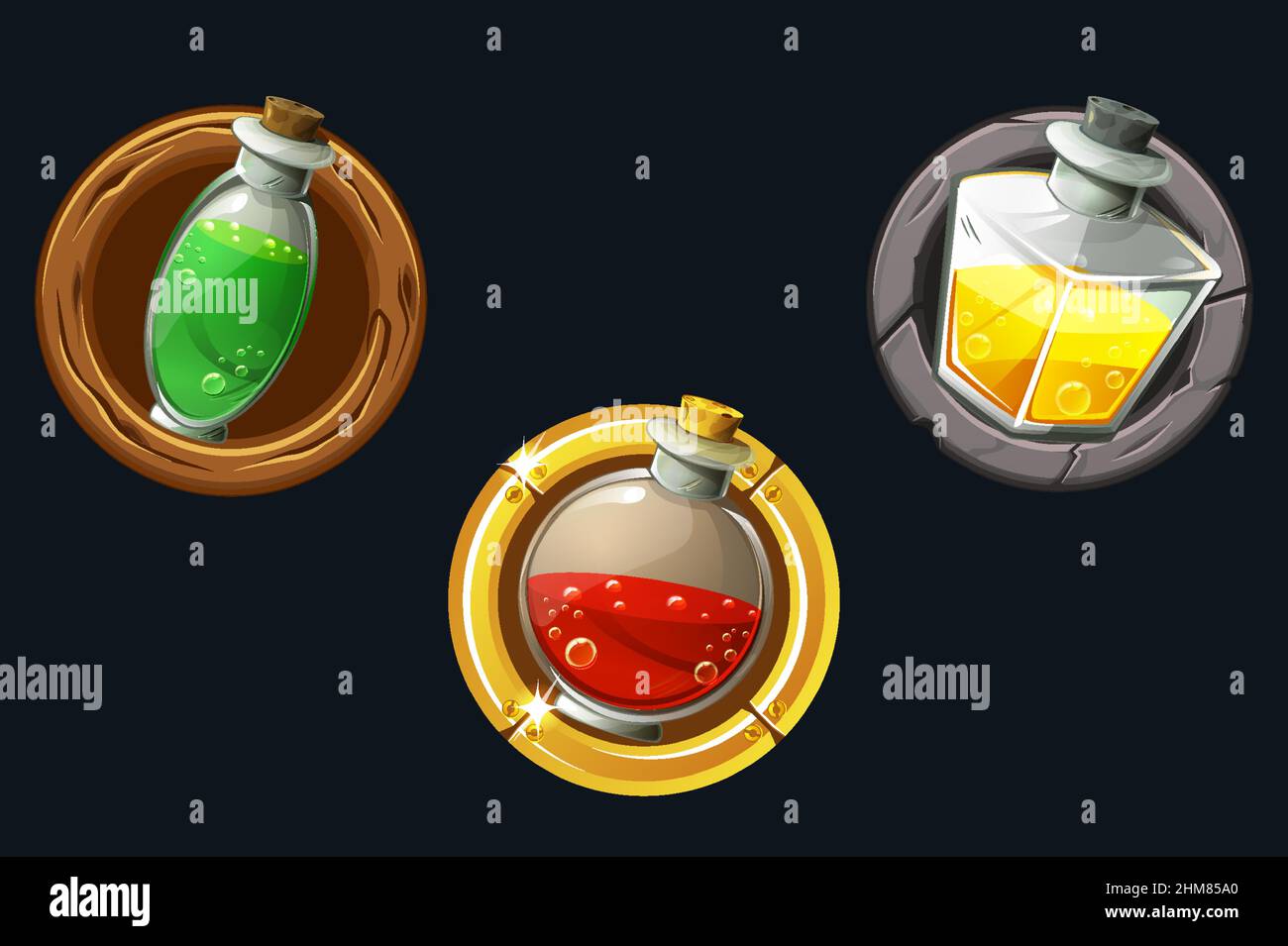 Set of vector icons potions in texture frames. Stock Vector